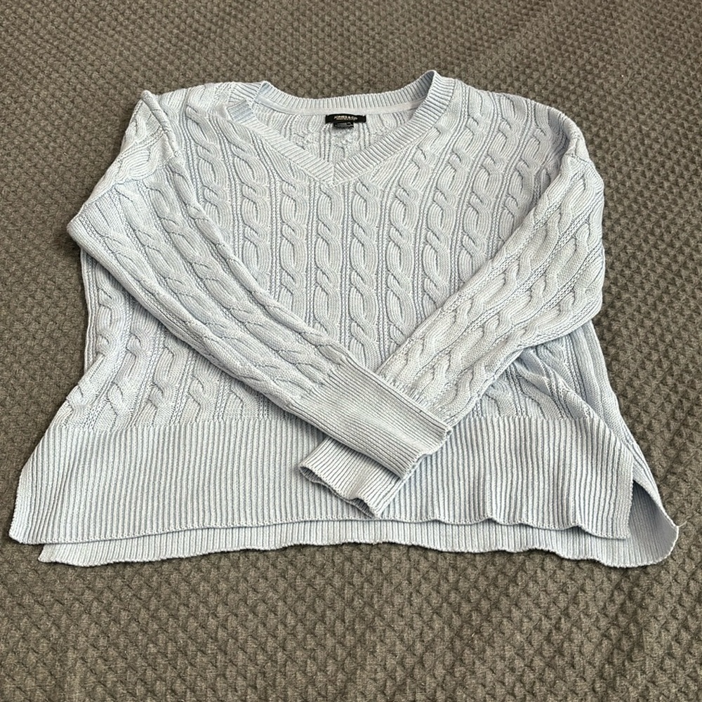 Light Blue v neck cable knit sweater from Jones & Co